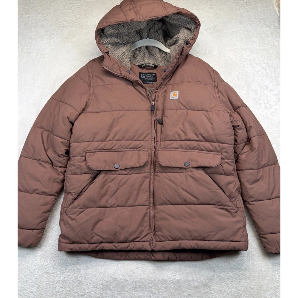 Carhartt Montana Puffer Jacket Womens M Brown Sherpa Lined Rain Defender Hooded